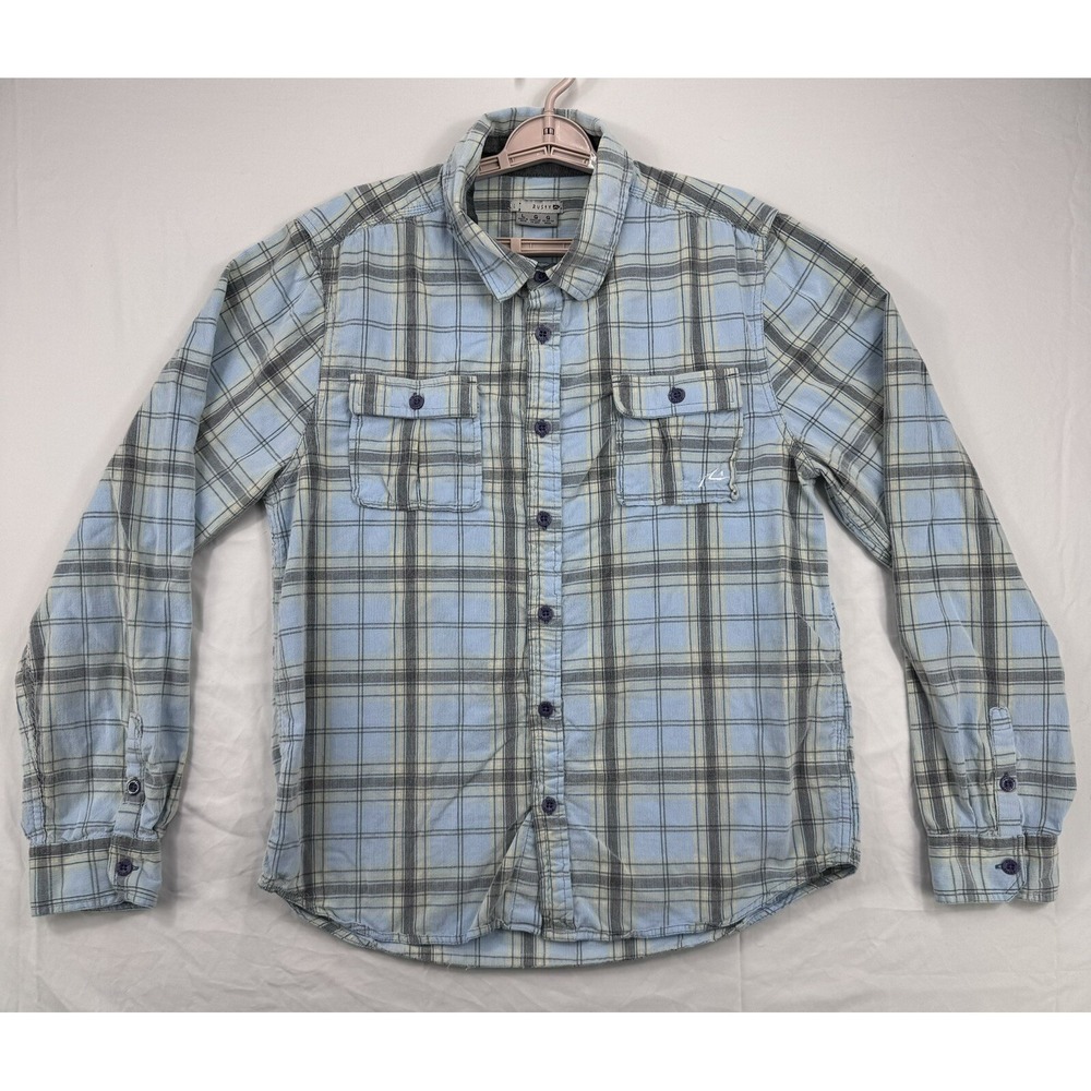 Rusty Shirt Mens L Blue Plaid Micro Corduroy Button Up Long Sleeve
